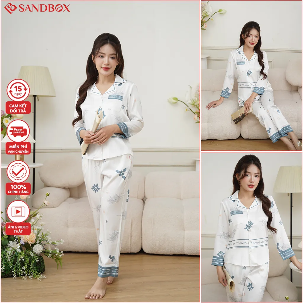 Ảnh Bộ Pijama Dài Tay SANDBOX Đồ Bộ Nữ Lụa Vân Xước Thiết Kế Phối Họa Tiết Trendy (BPD24007) 3