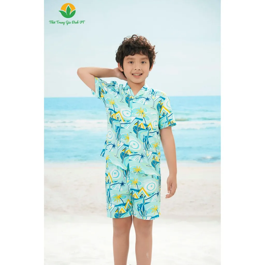 Ảnh Bộ pijama lanh cho bé mùa hè Việt Thắng, bộ đi biển , bộ đồ gia đình quần đùi áo côc tay - B63.5018 1
