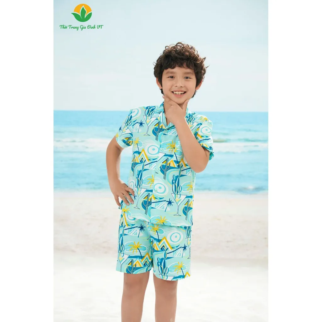 Ảnh Bộ pijama lanh cho bé mùa hè Việt Thắng, bộ đi biển , bộ đồ gia đình quần đùi áo côc tay - B63.5018 2