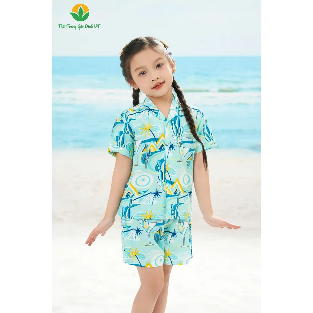 Ảnh Bộ pijama lanh cho bé mùa hè Việt Thắng, bộ đi biển , bộ đồ gia đình quần đùi áo côc tay - B63.5018 3