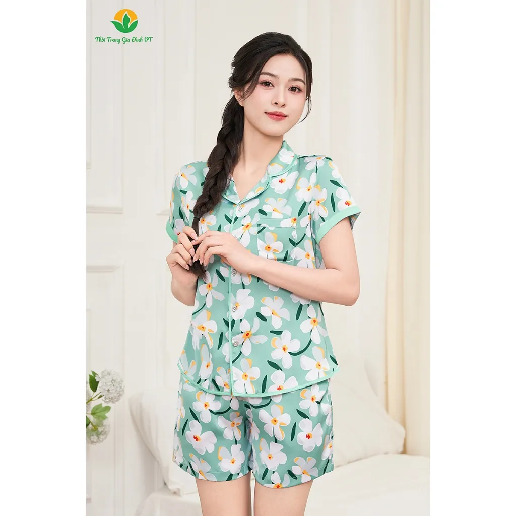 Ảnh Bộ pijama lụa Việt Thắng nữ quần đùi áo cộc tay họa tiết trẻ trung - B43.5069 2