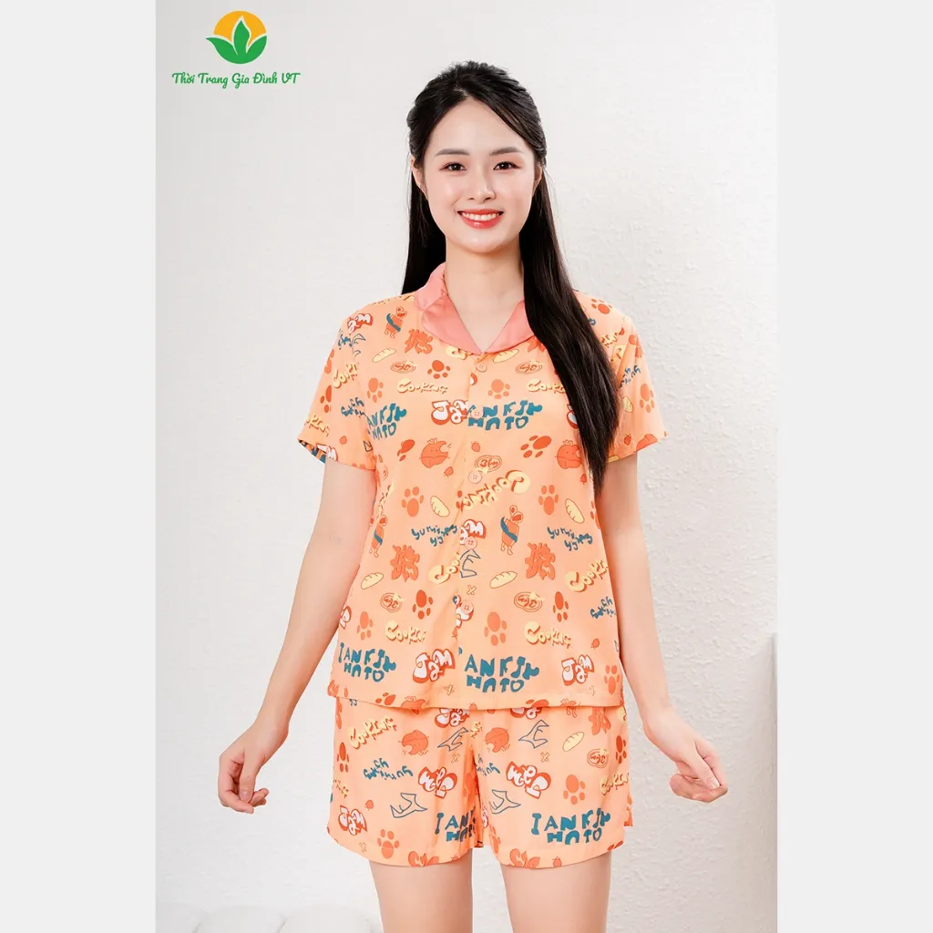 Ảnh Bộ Pijama Mặc Nhà Chất Lanh Tole Nữ Việt Thắng, Bộ Ngủ Áo Cộc Quần Đùi Họa Tiết B03.5015 3