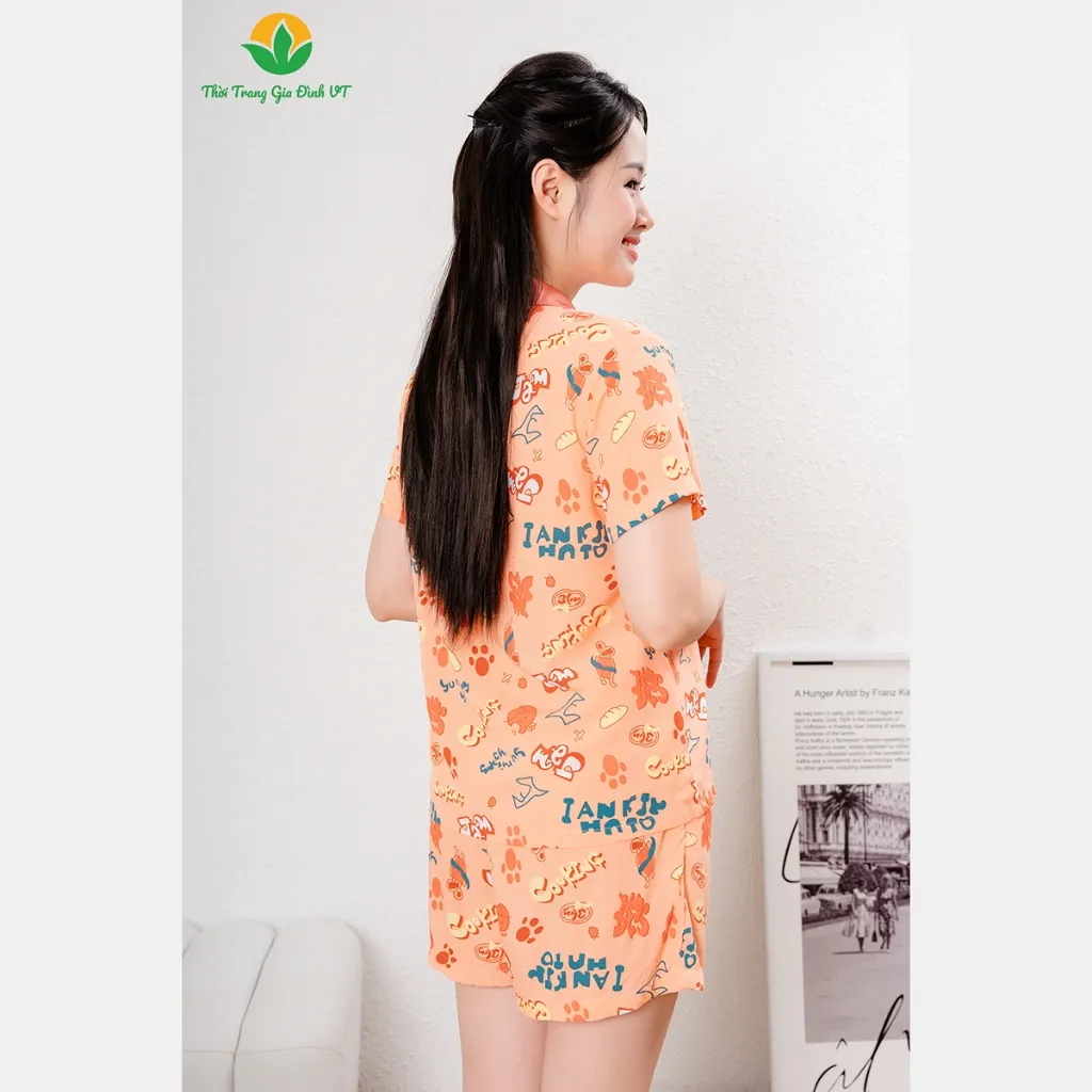 Ảnh Bộ Pijama Mặc Nhà Chất Lanh Tole Nữ Việt Thắng, Bộ Ngủ Áo Cộc Quần Đùi Họa Tiết B03.5015 4