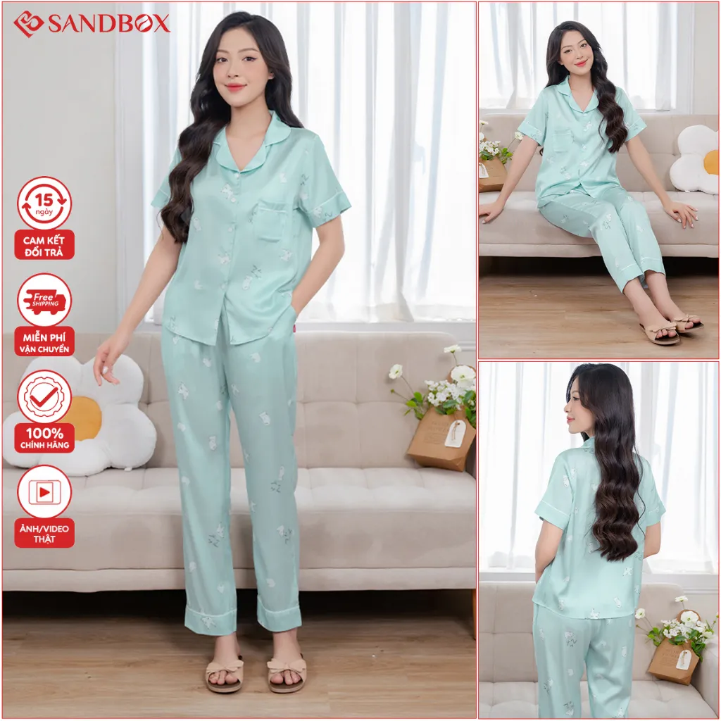 Ảnh Bộ Pijama Mặc Nhà SANDBOX Tay Ngắn, Quần Dài Chất Liệu Lụa Latin Cao Cấp Mềm Mịn (BPC24002) 4