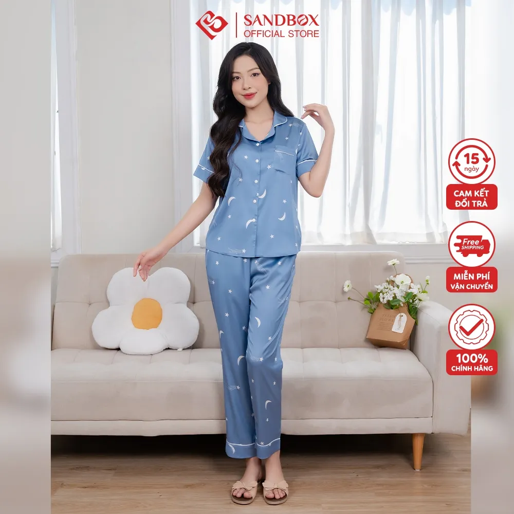 Ảnh Bộ Pijama Mặc Nhà SANDBOX Tay Ngắn, Quần Dài Chất Liệu Lụa Latin Cao Cấp Mềm Mịn (BPC23012) 4