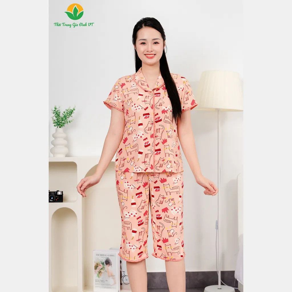 Ảnh Bộ pijama nữ mặc nhà chất Lanh họa tiết cổ sam thời trang Việt Thắng - B06.5047 1