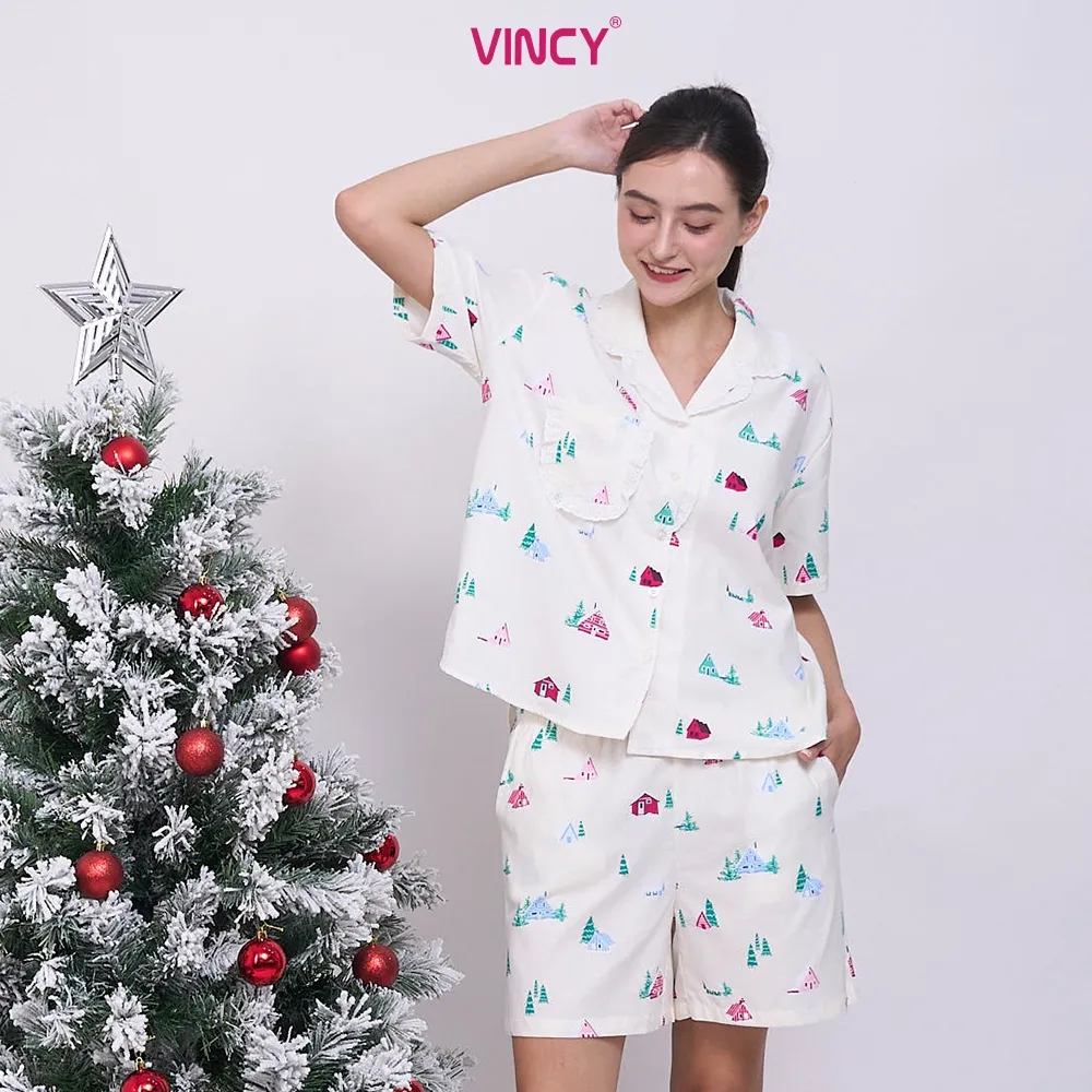 Ảnh Bộ pijama short chất kate có phối ren, họa tiết màu sắc cho Noel BSK010W41 3