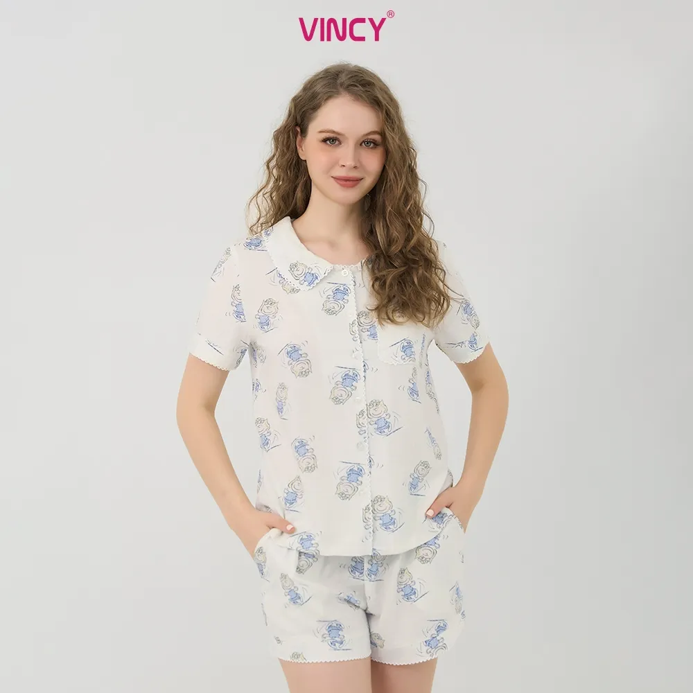 Ảnh Bộ pijama short chất kate cổ lá sen, họa tiết cho Noel BSK050W33 1