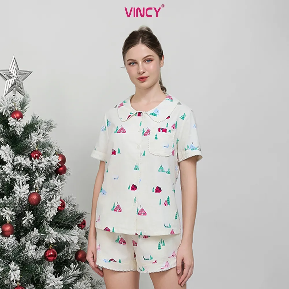 Ảnh Bộ pijama short chất kate cổ lá sen, họa tiết cho Noel BSK050W33 2