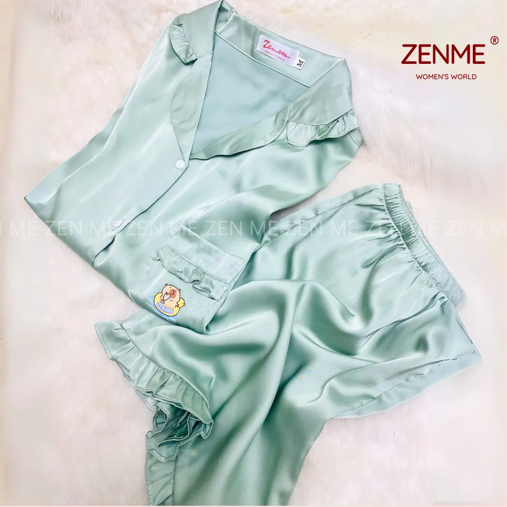Ảnh Bộ Pijama Viền Bèo ZENME Hình In Dễ Thương Lụa Latin Quần Cộc Tay Ngắn PJVB0425 Xanh Mint 2