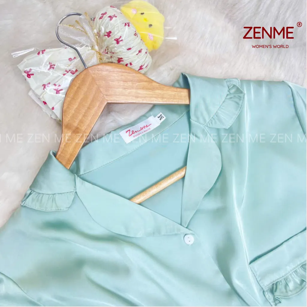 Ảnh Bộ Pijama Viền Bèo ZENME Hình In Dễ Thương Lụa Latin Quần Cộc Tay Ngắn PJVB0425 Xanh Mint 3