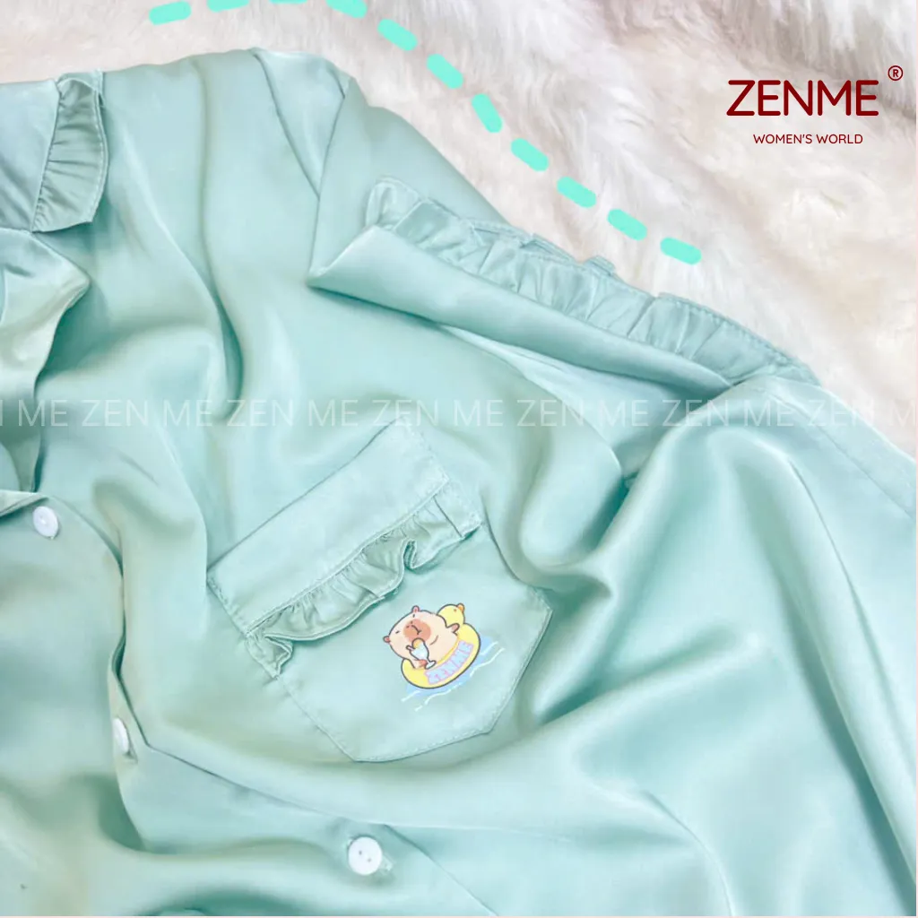 Ảnh Bộ Pijama Viền Bèo ZENME Hình In Dễ Thương Lụa Latin Quần Cộc Tay Ngắn PJVB0425 Xanh Mint 4