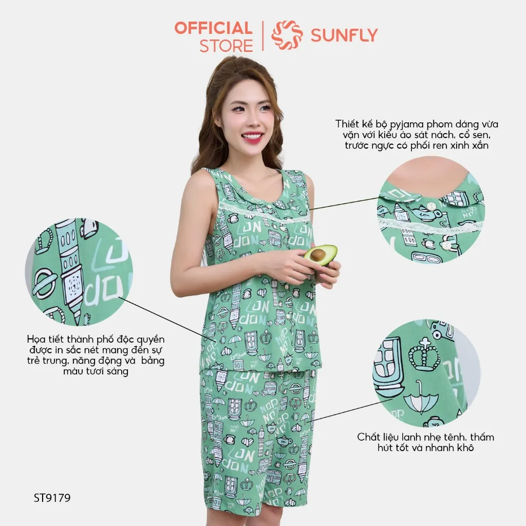 Ảnh Bộ pijamas nữ SUNFLY chất lanh ht độc quyền dáng áo sát nách quần trên gối ST9179 1