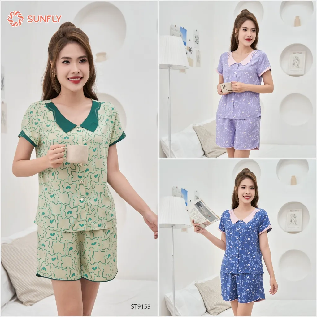 Ảnh Bộ pijamas nữ SUNFLY chất lanh ht độc quyền áo cộc quần sooc ST9153 2