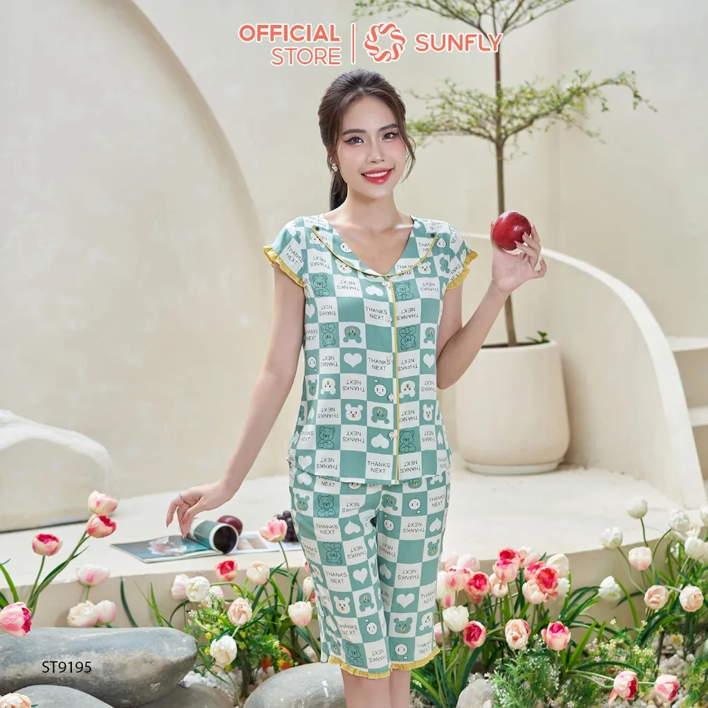 Ảnh Bộ pijamas nữ SUNFLY chất lanh lụa ht dáng áo tay hến quần trên gối ST9195 4