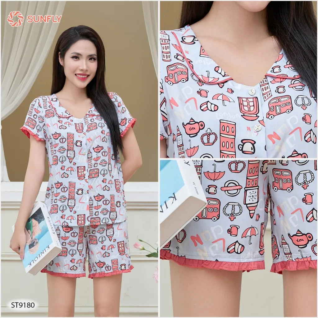 Ảnh Bộ pijamas nữ SUNFLY chất lanh ht độc quyền dáng áo cộc quần sooc ST9180 3