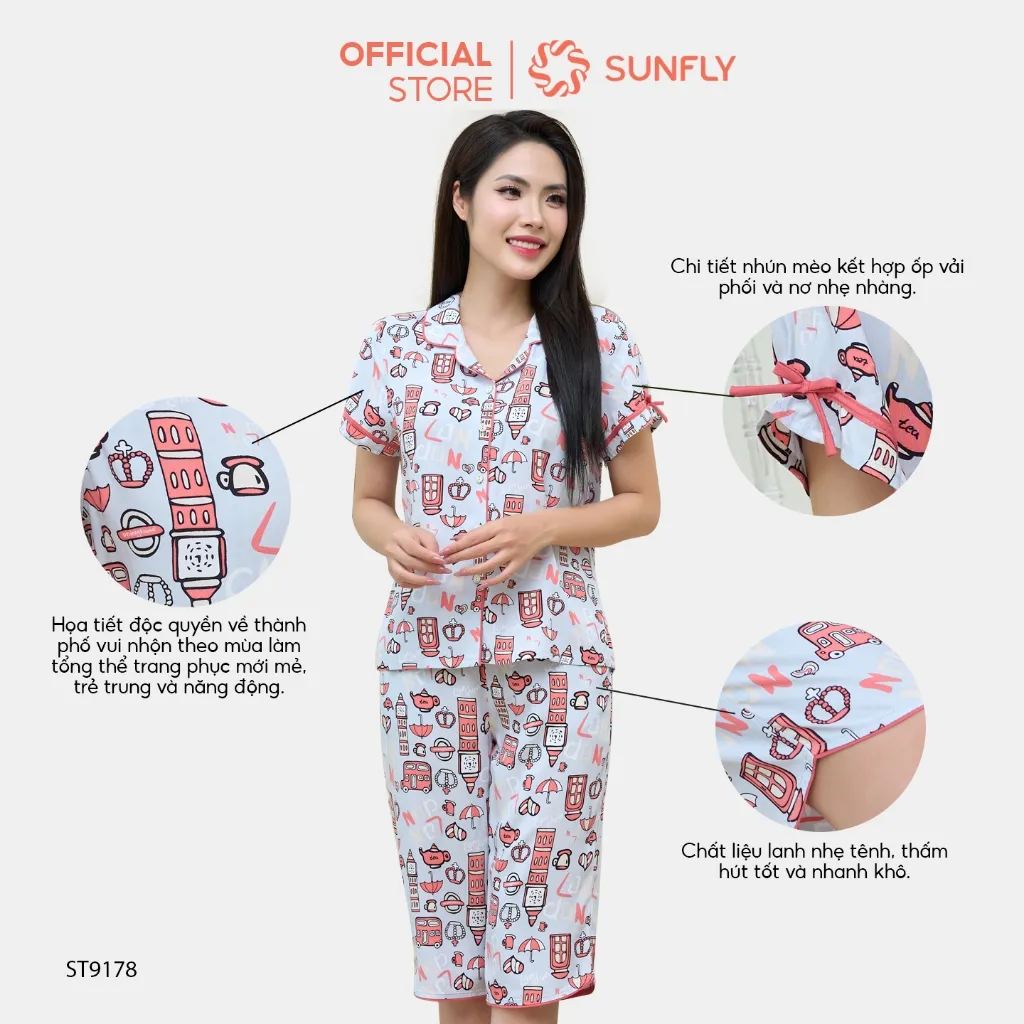 Ảnh Bộ pijamas nữ SUNFLY chất lanh ht độc quyền dáng áo cộc quần ngố ST9178 1