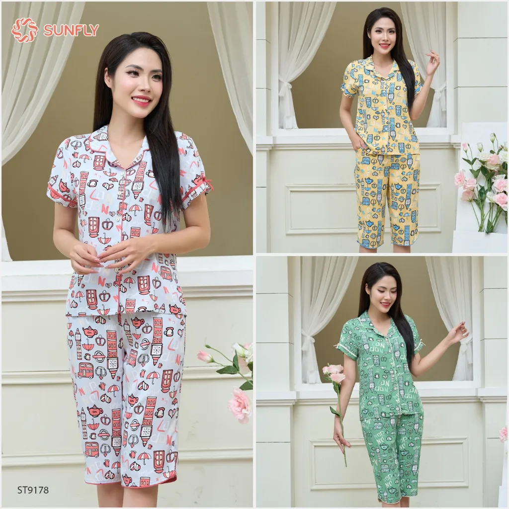 Ảnh Bộ pijamas nữ SUNFLY chất lanh ht độc quyền dáng áo cộc quần ngố ST9178 2
