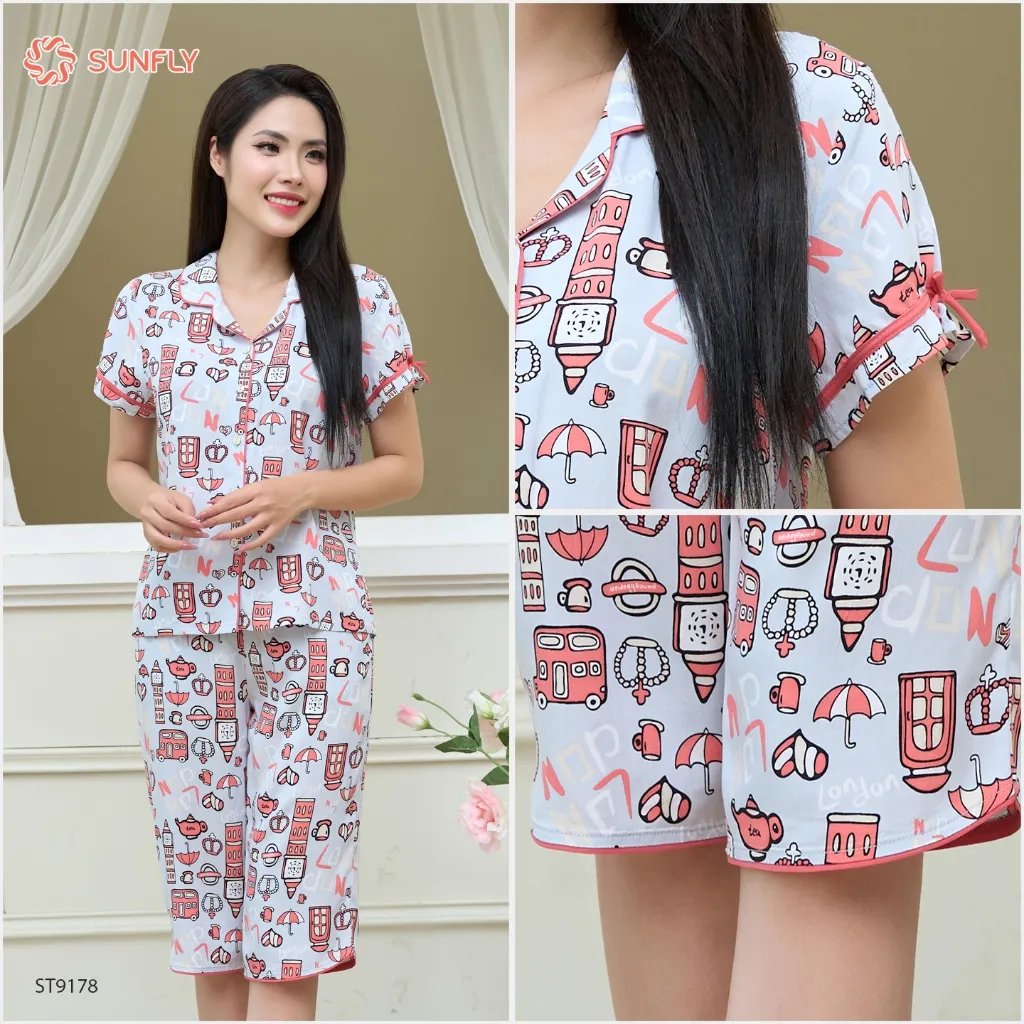 Ảnh Bộ pijamas nữ SUNFLY chất lanh ht độc quyền dáng áo cộc quần ngố ST9178 3