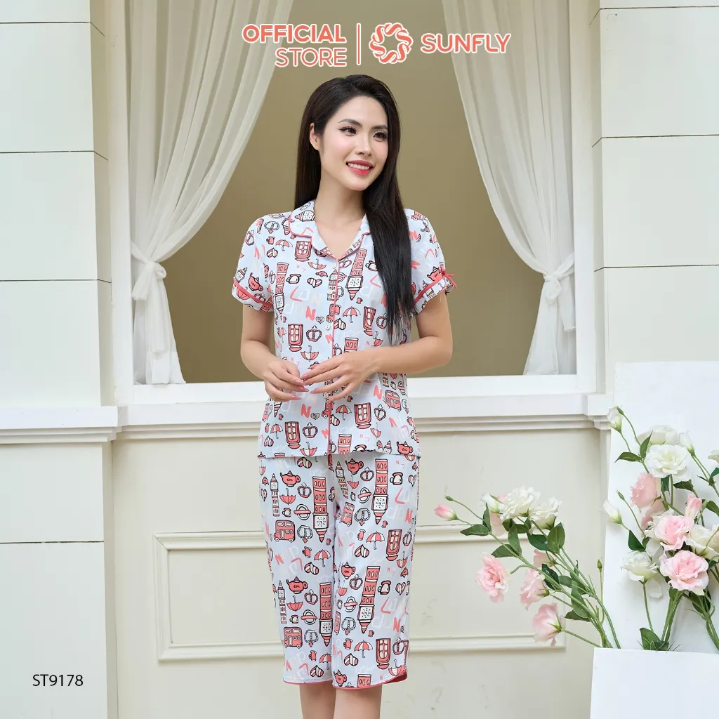 Ảnh Bộ pijamas nữ SUNFLY chất lanh ht độc quyền dáng áo cộc quần ngố ST9178 4