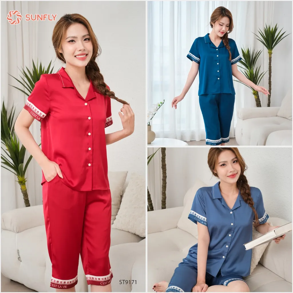 Ảnh Bộ pijamas nữ SUNFLY chất lụa satin màu dáng áo cộc quần ngố ST9171 3