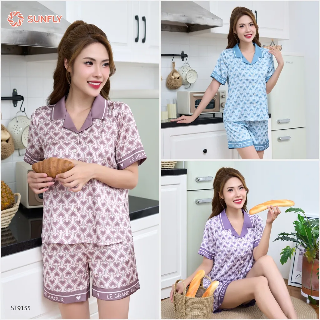 Ảnh Bộ pijamas nữ SUNFLY chất lụa latin ht dáng áo cộc quần sooc ST9155 2