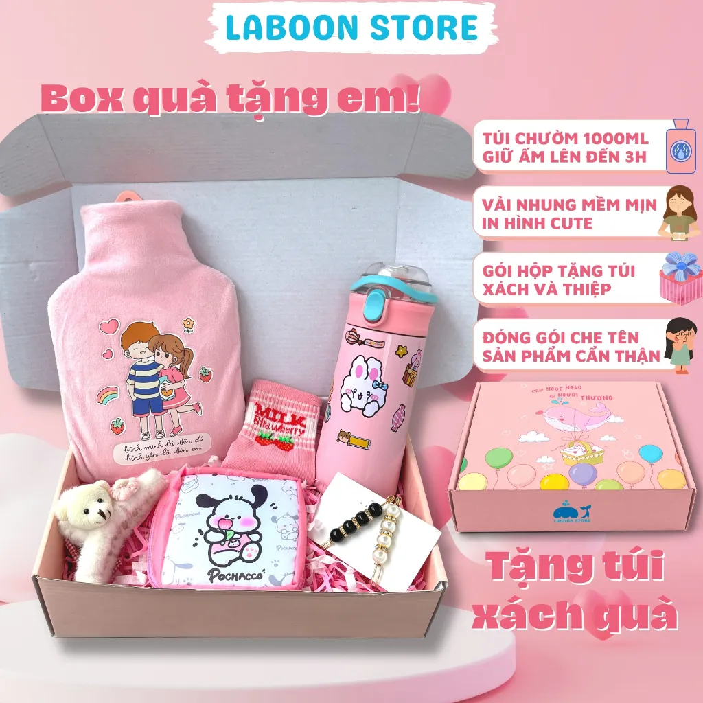 Ảnh Bộ quà tặng bạn gái túi chườm bụng đa năng 1000ml LABOON kèm bình giữ nhiệt và phụ kiện siêu xinh 2