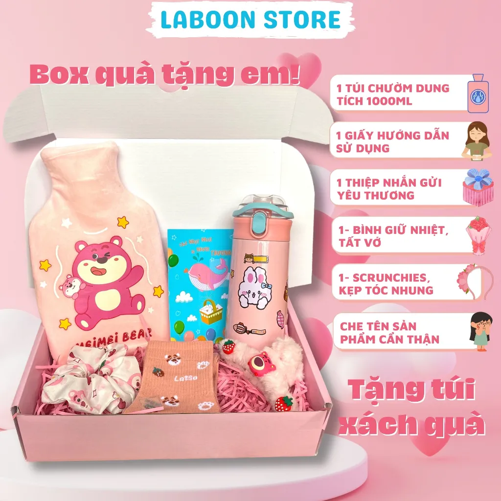 Ảnh Bộ quà tặng bạn gái túi chườm bụng đa năng 1000ml LABOON kèm bình giữ nhiệt và phụ kiện siêu xinh 3