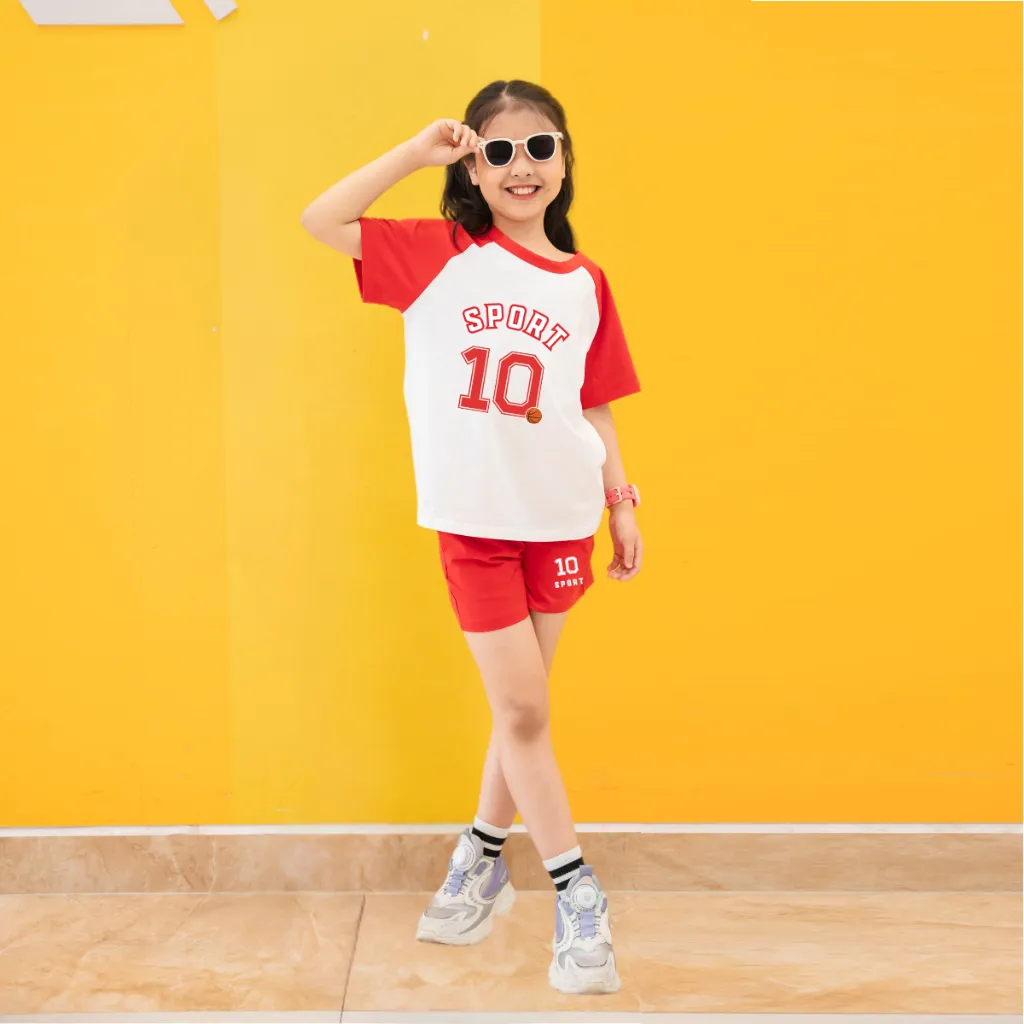 Ảnh Bộ quần áo bé gái mùa hè in chữ số SPORT 10 - Bộ cộc tay bé gái cân nặng 15-40kg - Loza Kids FB59 4