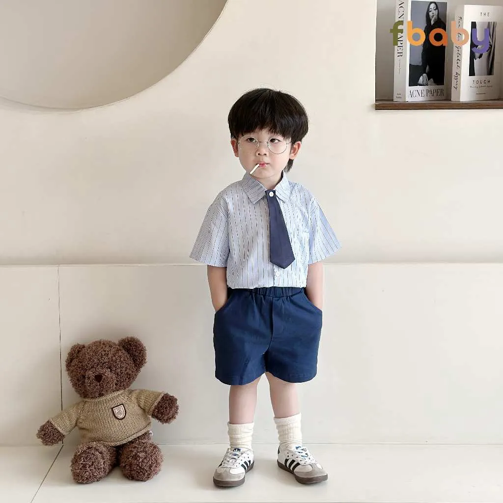 Ảnh Bộ Quần Áo Sơ Mi Fbaby For New Generation Kèm Cavat Dành Cho Bé Trai Kẻ Sọc Phong Cách Công Tử Hàn Quốc Đi Chơi, Đi Học 2