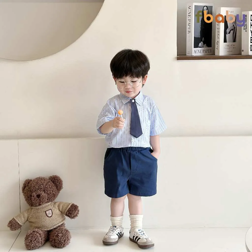 Ảnh Bộ Quần Áo Sơ Mi Fbaby For New Generation Kèm Cavat Dành Cho Bé Trai Kẻ Sọc Phong Cách Công Tử Hàn Quốc Đi Chơi, Đi Học 4