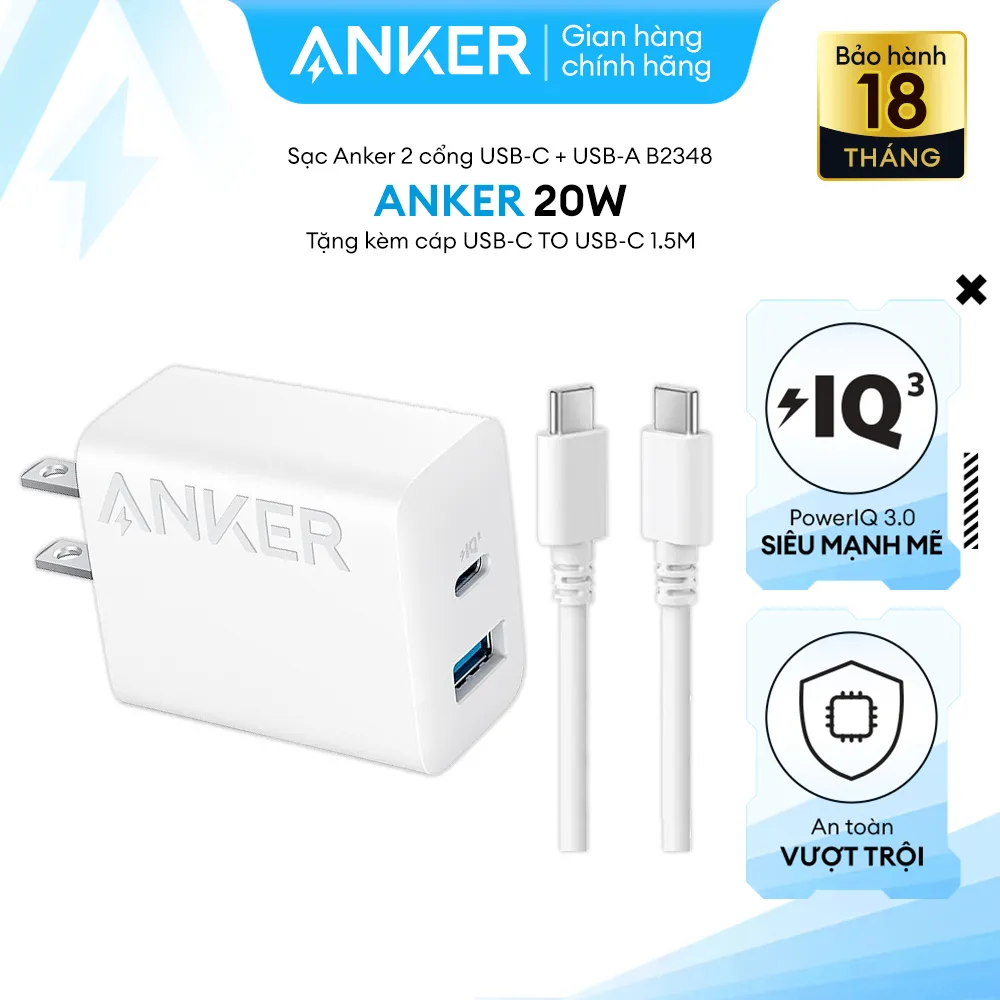 Ảnh Bộ Sạc Anker Công Suất 20W 2 Cổng- 1 Cổng USB & 1 Cổng USB-C Kèm Cáp USB-C to USB-C 1.5M - B2348 1