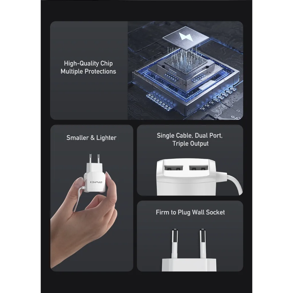 Ảnh Bộ sạc Awei C5 3 in 1 Sạc nhanh Type C 2 cổng USB EU 5V / 2.4A chính hãng An Toàn Ổn Định 2