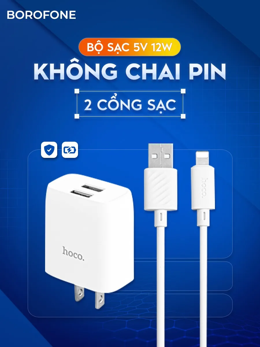 Ảnh Bộ sạc iphone Hoco 12W Dây sạc iphone USB Củ sạc 12W + cáp H-UPF01-SI dài 1 mét 1