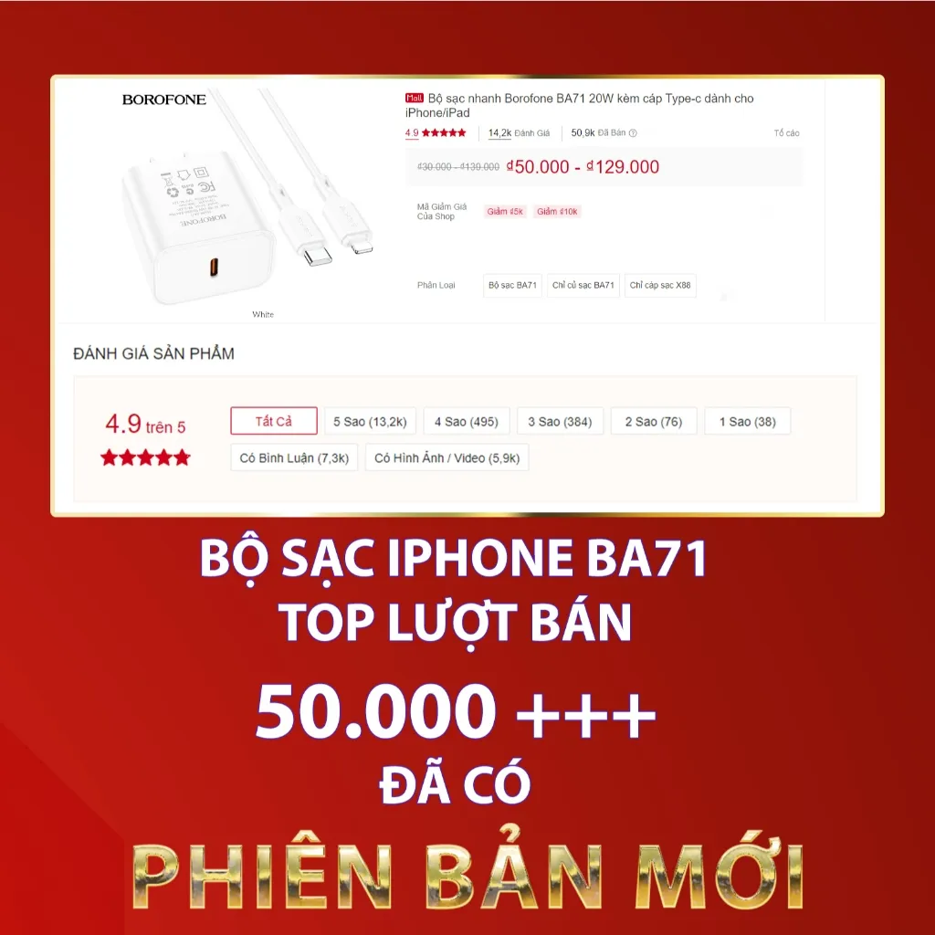 Ảnh Bộ sạc nhanh Borofone GBA81 PD 20W kèm cáp Type-C dùng cho 8/X/11/12/13/14  sạc nhanh 3A, dây dài 1m, chân dẹt 1