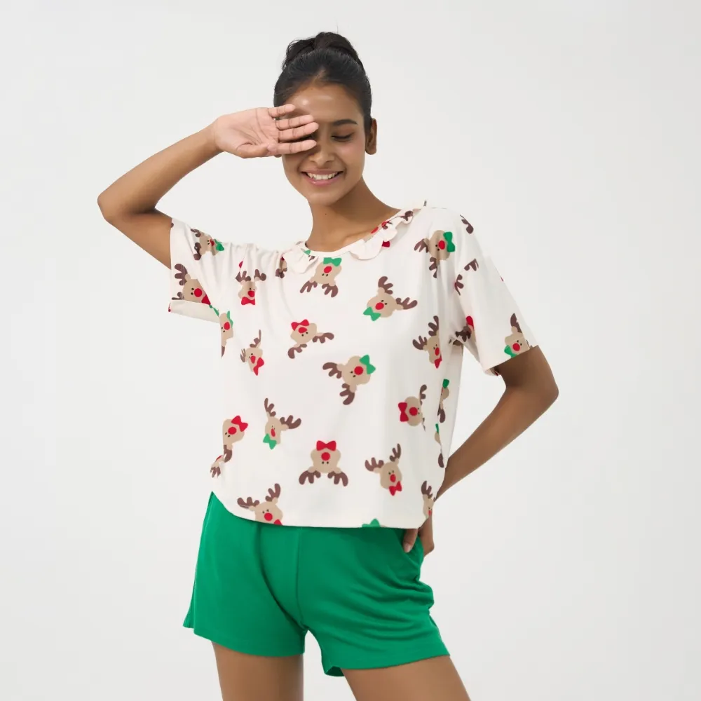Ảnh Bộ short thun thoáng mát, áo hình tuần lộc quần xanh lá, phong cách trẻ trung cho mùa Noel BST070W41 1