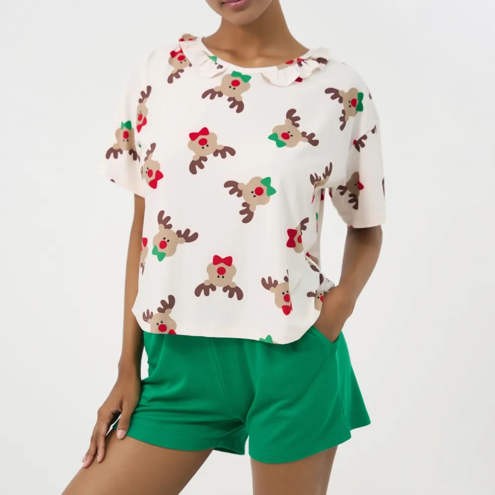 Ảnh Bộ short thun thoáng mát, áo hình tuần lộc quần xanh lá, phong cách trẻ trung cho mùa Noel BST070W41 2