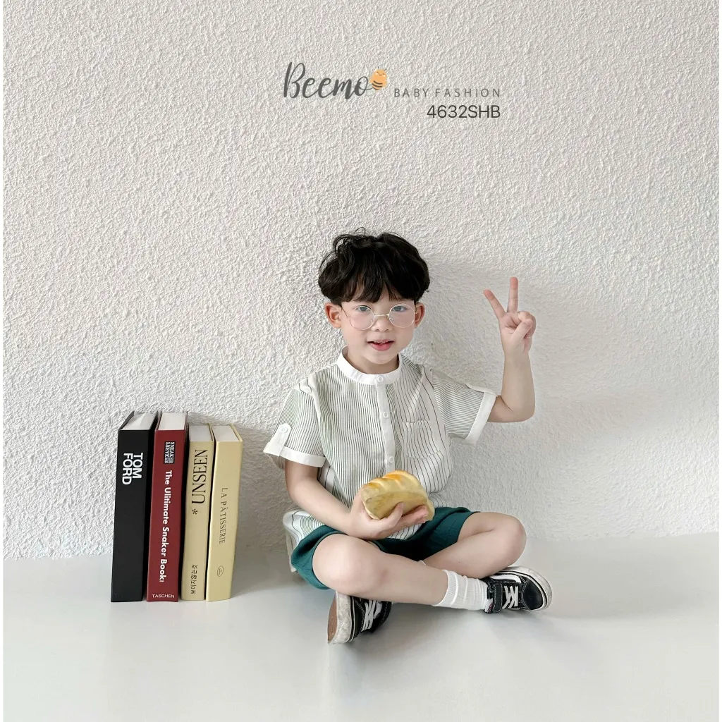 Ảnh Bộ sơ mi cô tàu họa tiết kẻ cho bé Beemo Chất liệu đũi cao cấp siêu thoáng mát cho mùa hè,quần shorts lưng thun B597 2