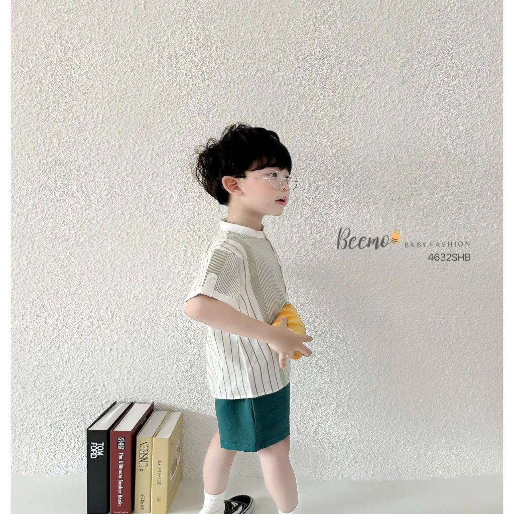 Ảnh Bộ sơ mi cô tàu họa tiết kẻ cho bé Beemo Chất liệu đũi cao cấp siêu thoáng mát cho mùa hè,quần shorts lưng thun B597 3