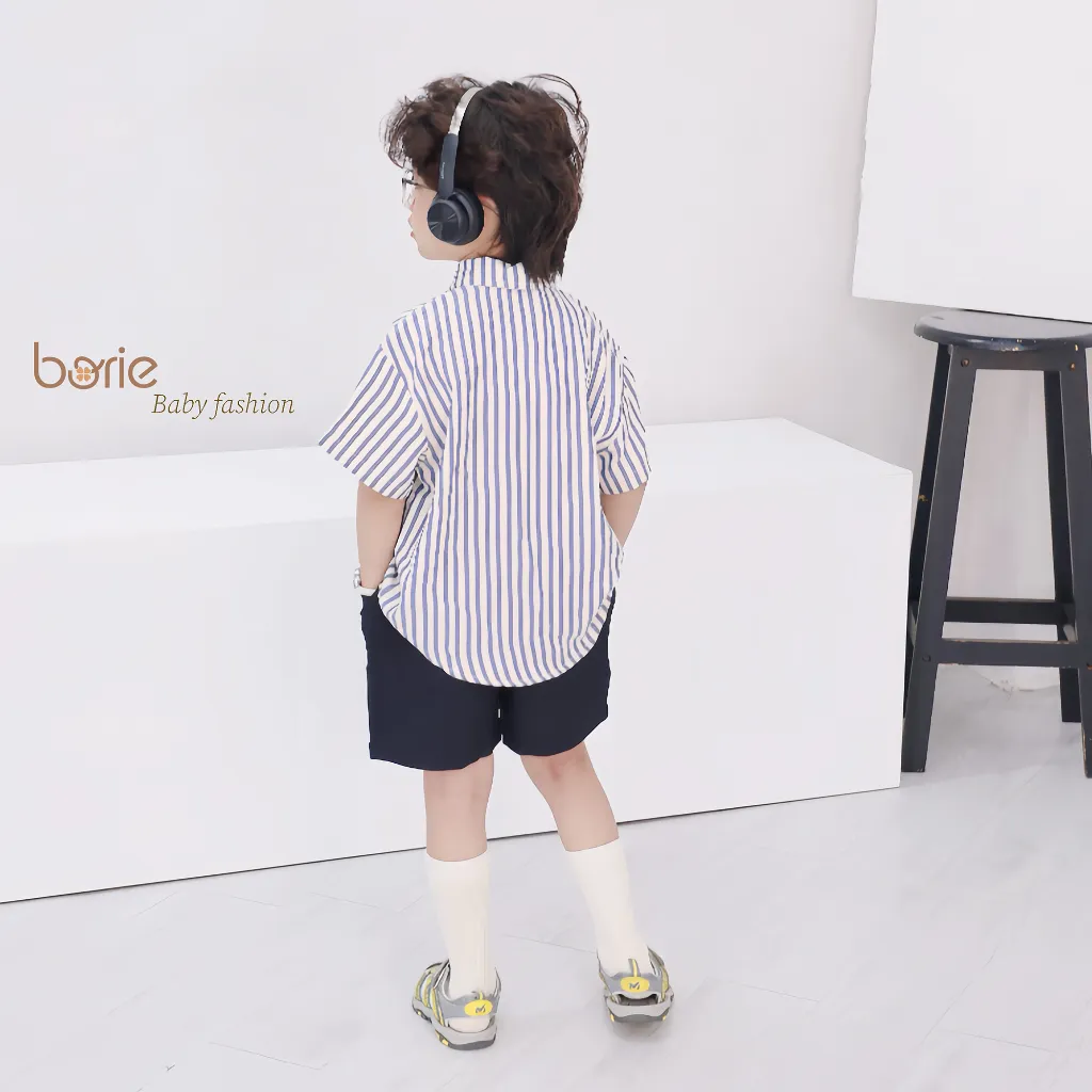 Ảnh Bộ sơ mi cộc tay in hình kèm cavat cho bé trai Borie chất liệu thô vân kẻ thoáng khí lên form cực đẹp A017 4