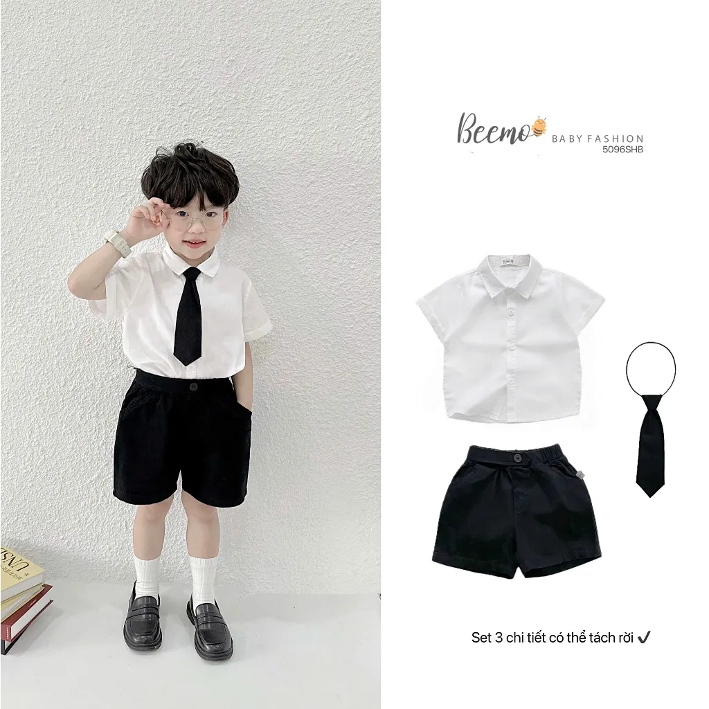 Ảnh Bộ sơ mi cộc tay phối cavat cho bé trai Beemo Chất liệu thô hàn cao cấp kết hợp kaki thoáng khí B600 1