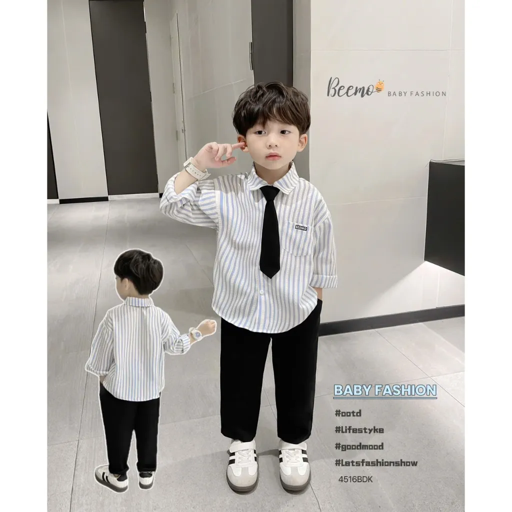 Ảnh Bộ sơ mi kẻ kèm Cavat cho bé trai Beemo Chất liệu thô vân kẻ thoáng khí, lên form cực kì đẹp B552 1