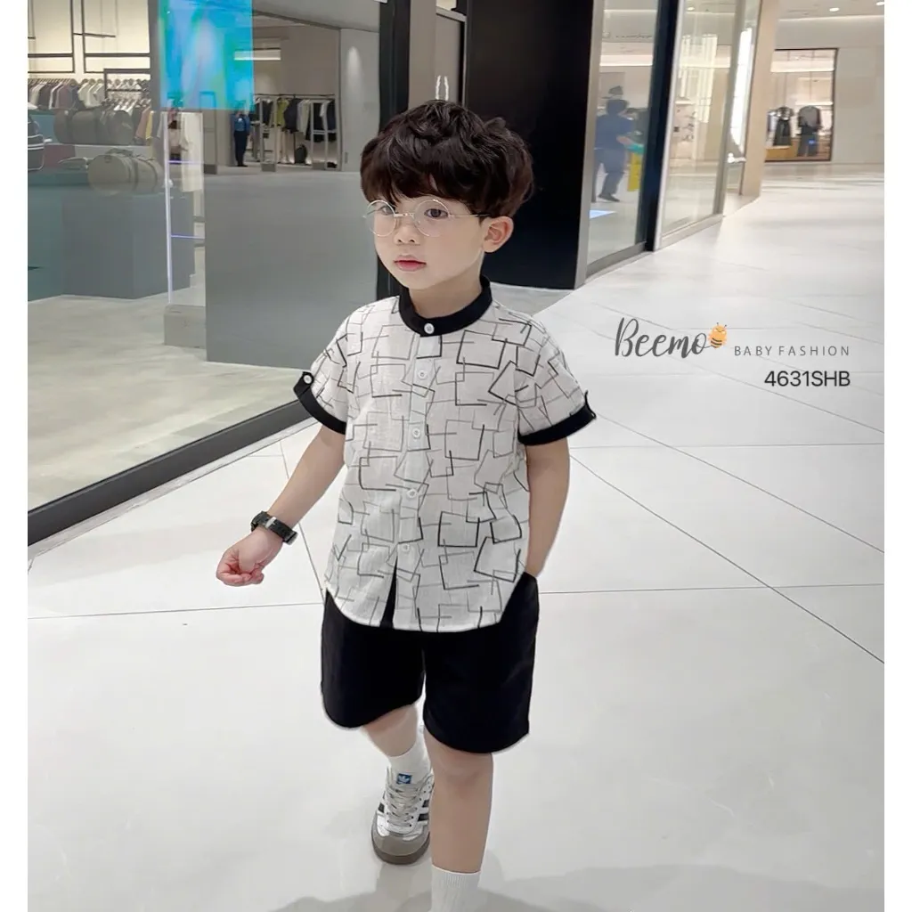 Ảnh Bộ sơ mi đũi xước in hoạ tiêt cho bé trai Beemo Chất liệu đũi xước thoáng mát thiết kế áo cộc tay cổ tàu B594 2