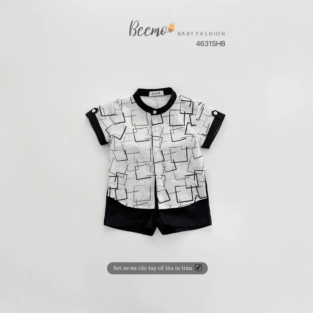 Ảnh Bộ sơ mi đũi xước in hoạ tiêt cho bé trai Beemo Chất liệu đũi xước thoáng mát thiết kế áo cộc tay cổ tàu B594 3