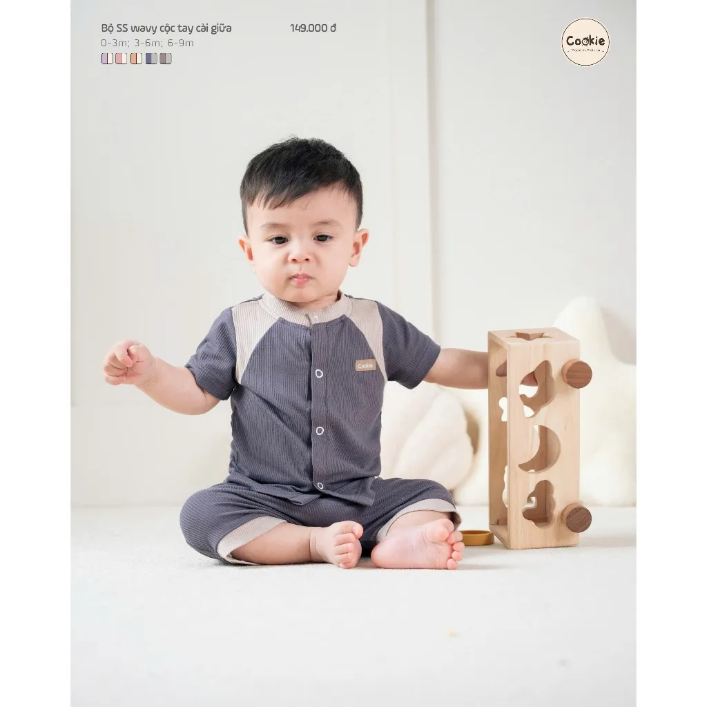 Ảnh Bộ Sơ Sinh Cộc Tay COOKIE Wavy Cài Giữa Cho bé Từ 0 Đến 9 Tháng 2025 2