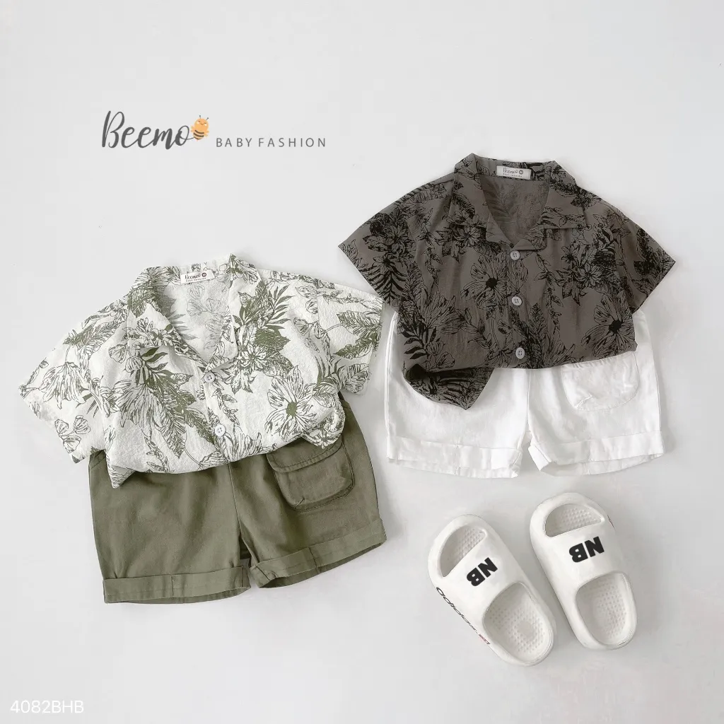 Ảnh Bộ sơmi cổ V Summer cho bé trai Beemo Chất liệu thô hoạ tiết in lá, kết hợp cùng kaki hàn siêu đẹp B488 1