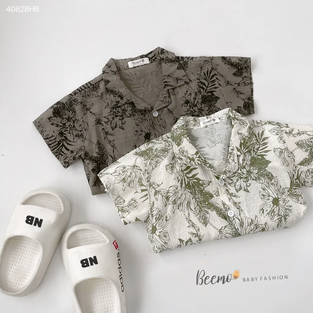 Ảnh Bộ sơmi cổ V Summer cho bé trai Beemo Chất liệu thô hoạ tiết in lá, kết hợp cùng kaki hàn siêu đẹp B488 4
