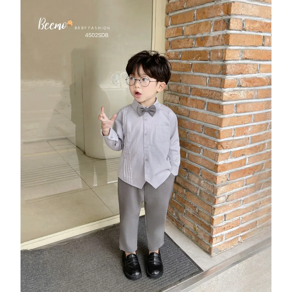 Ảnh Bộ sơmi ly nổi kèm nơ cho bé trai Beemo Chất liệu thô hàn kết hợp chéo hàn cao cấp, siêu mướt, thoáng khí B584 3