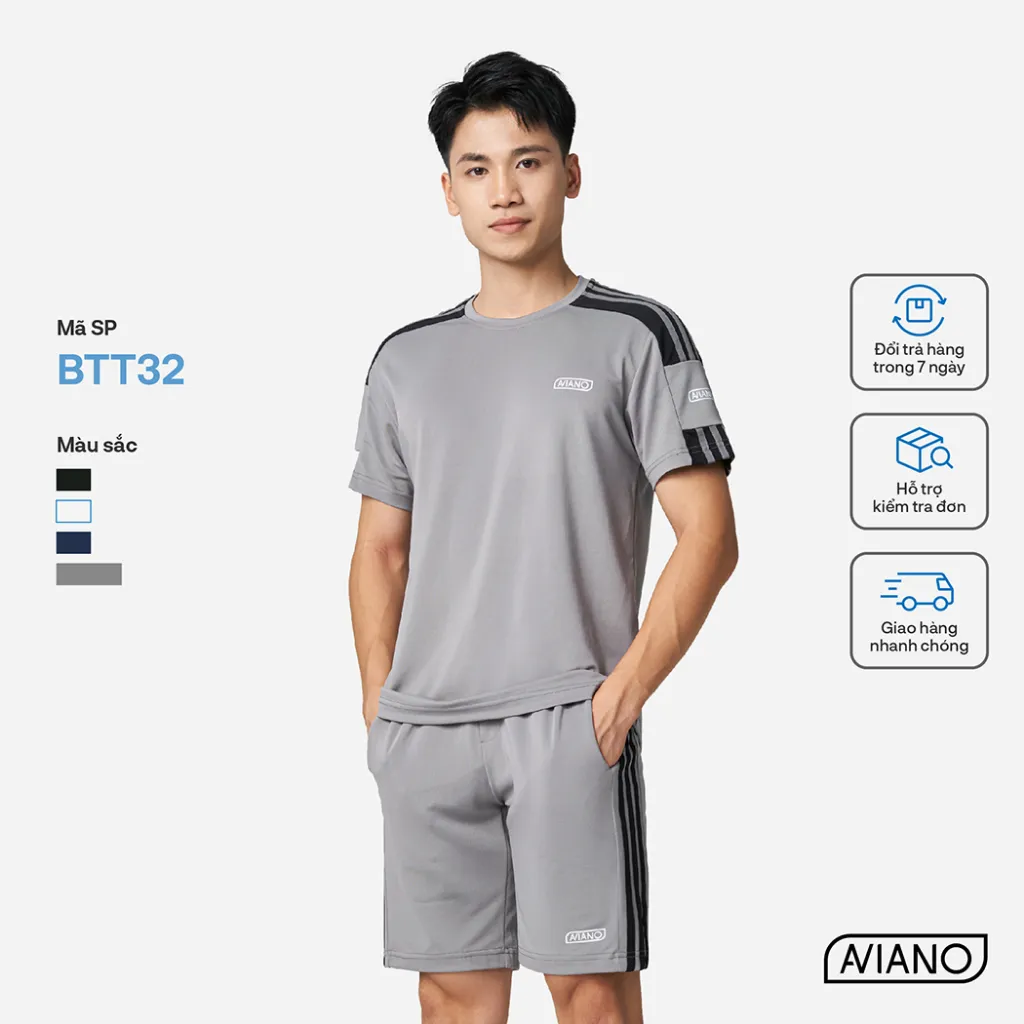 Ảnh Bộ Thể Thao Nam AVIANO Thời Trang Viền Tay Kẻ Sọc, Quần Áo Cộc Nam Cổ Tròn Cộc Tay 4