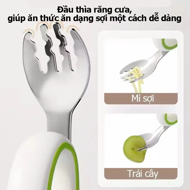 Ảnh Bộ Thìa nĩa tập ăn cho bé KidsWorld tay cầm silicon mềm, muỗng cong, inox 316, an toàn 3